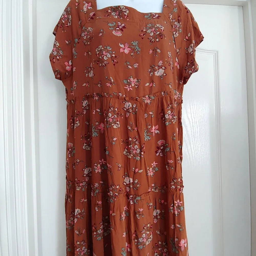 Natural Life Brown Floral Tiered Granola Soft Girl Square Neck Cottage Dress L - Picture 6 of 14